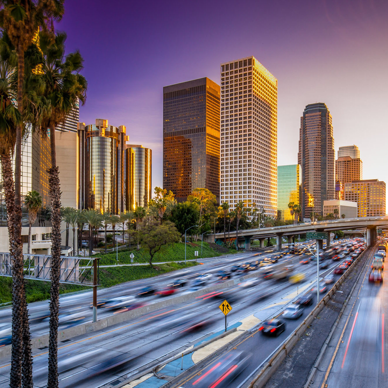 Los Angeles downtown skyline sunset buildings highway