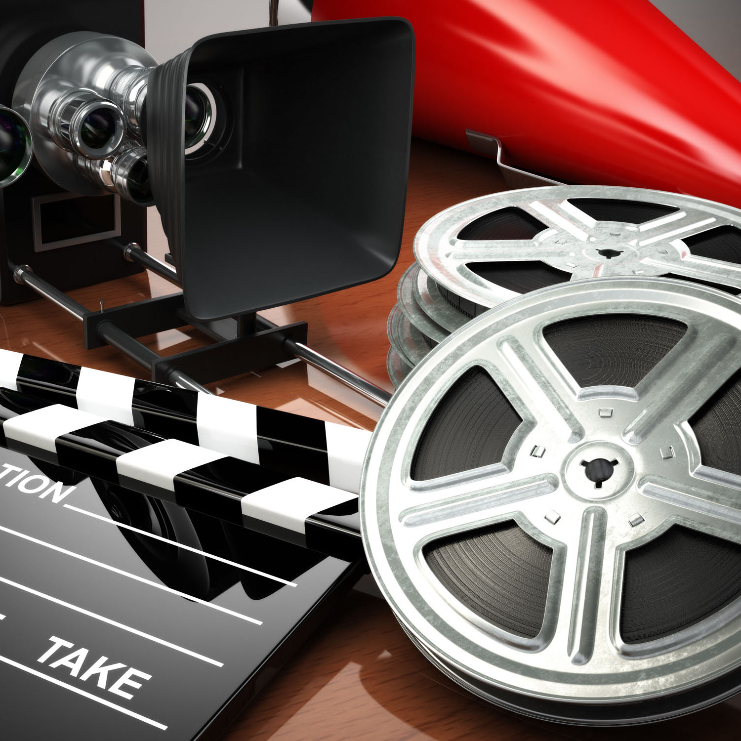 Video, movie, cinema vintage concept. Retro camera, reels and clapperboard. 3d